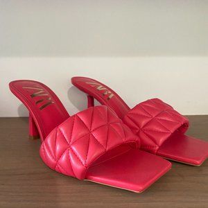 Zara Heeled Quilted Sandals, Size 39, Pink